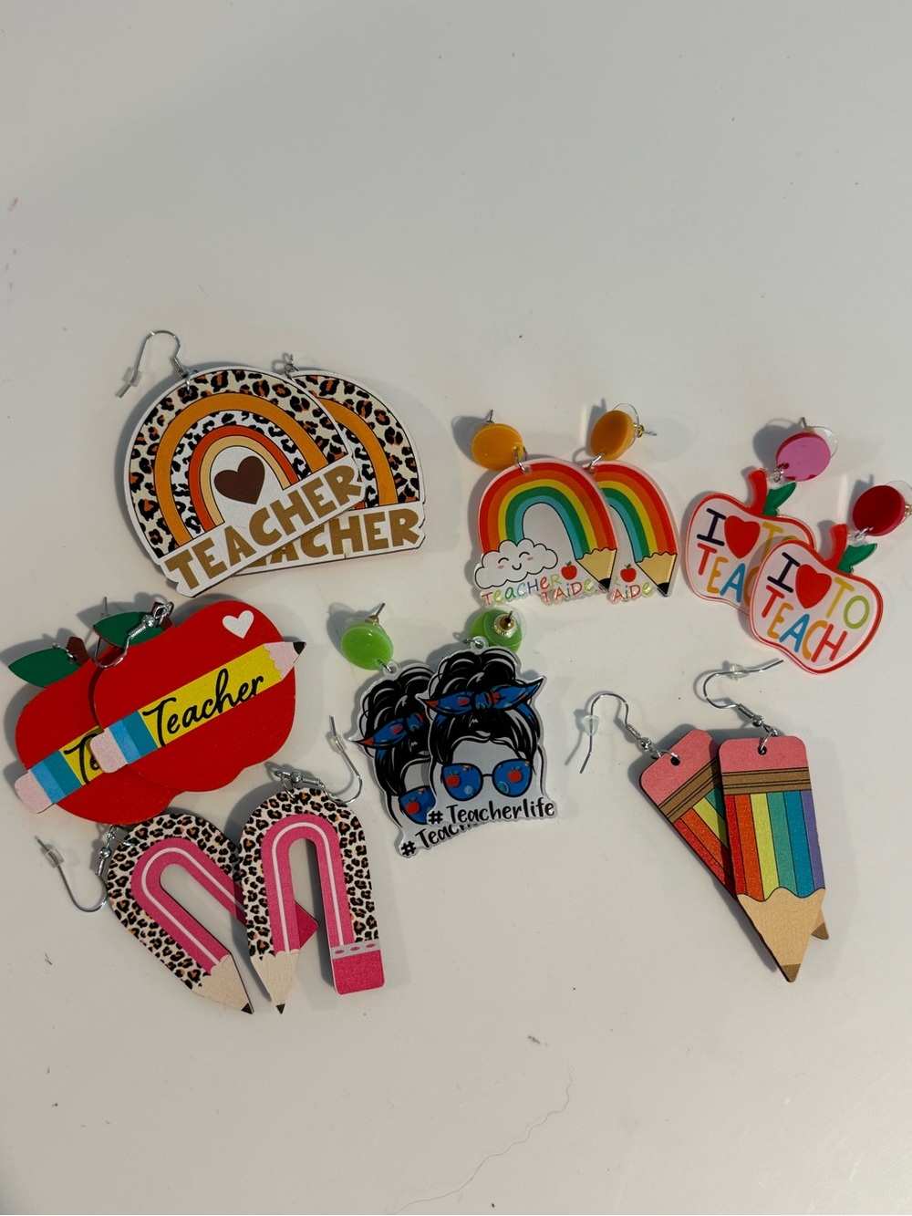 Colorful Teacher-Earrings Set - Rainbow, Apple & Pencil Designs